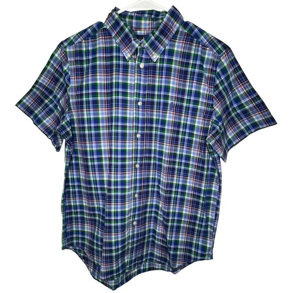 Ralph Lauren Button Down Short Sleeve Blue Plaid Boys Preppy Casual Shirt Sz XL